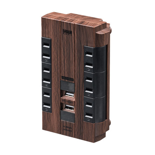 電源タップ（壁付けタイプ・回転式差込口・2P・6個口・USB2ポート付・集中スイッチ付・コンセントタップ・ダークブラウン）