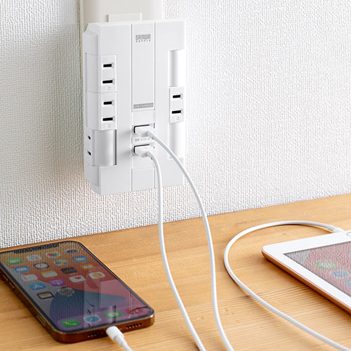 2ポートUSB給電機能付 回転式 6個口OAタップ プリンストン、回転式コンセントを採用したUSBポート付きOA
