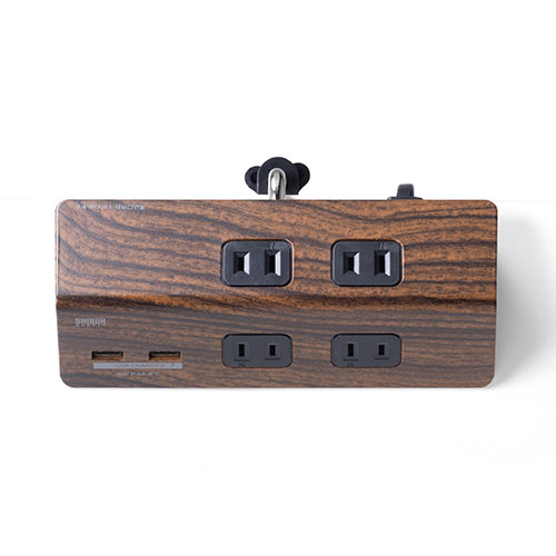 クランプ固定式タップ（USB充電ポート付き・2P・4個口・USB2ポート・一括集中スイッチ・3ｍ・木目）
