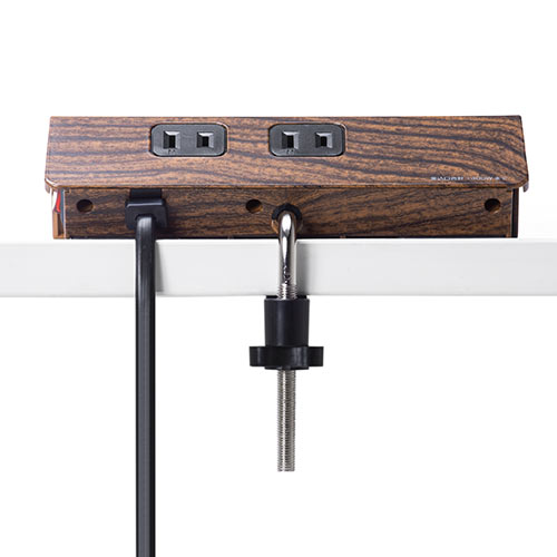クランプ固定式タップ（USB充電ポート付き・2P・4個口・USB2ポート・一括集中スイッチ・3ｍ・木目）