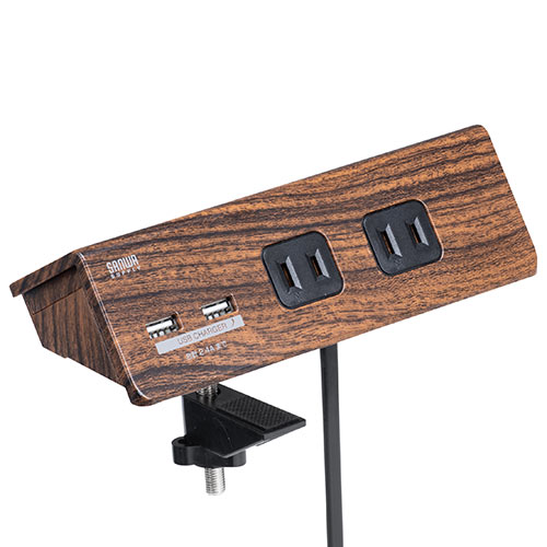 クランプ固定式タップ（USB充電ポート付き・2P・4個口・USB2ポート・一括集中スイッチ・3ｍ・木目）