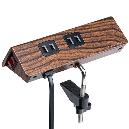 クランプ固定式タップ（USB充電ポート付き・2P・4個口・USB2ポート・一括集中スイッチ・3ｍ・木目）