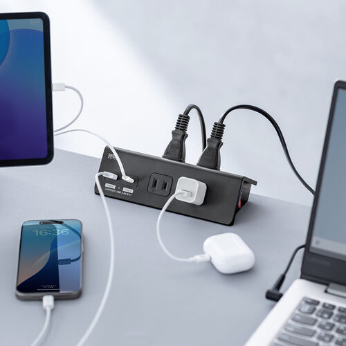 電源タップ（USB充電・AC4個口・USB-C搭載・USB-A搭載・一括集中スイッチ・3m・クランプ固定・ブラック）