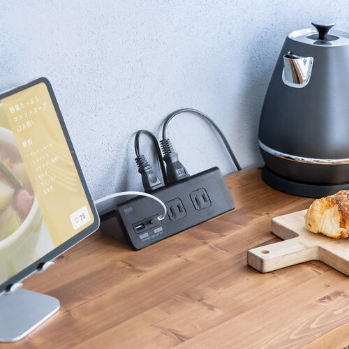 電源タップ（USB充電・AC4個口・USB-C搭載・USB-A搭載・一括集中スイッチ・3m・クランプ固定・ブラック）