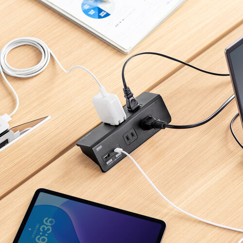 電源タップ（USB充電・AC4個口・USB-C搭載・USB-A搭載・一括集中スイッチ・3m・クランプ固定・ブラック）