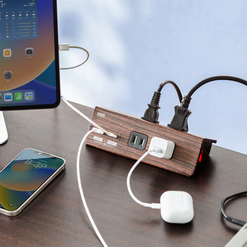 クランプ固定式タップ（Type-C充電ポート付き・2P・4個口・USB Aポート・Type-Cポート・一括集中スイッチ・3ｍ・ダークブラウン・木目）
