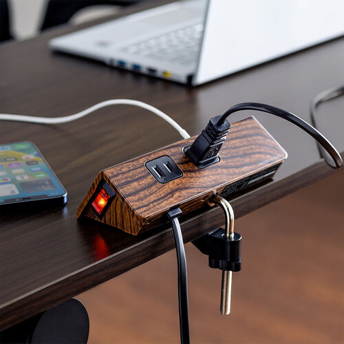 クランプ固定式タップ（Type-C充電ポート付き・2P・4個口・USB Aポート・Type-Cポート・一括集中スイッチ・3ｍ・ダークブラウン・木目）