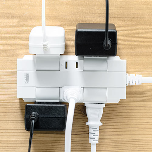 電源タップ（コードタイプ2m・回転式差込口・2P・6個口・ホワイト・コンパクト・スイングプラグ）