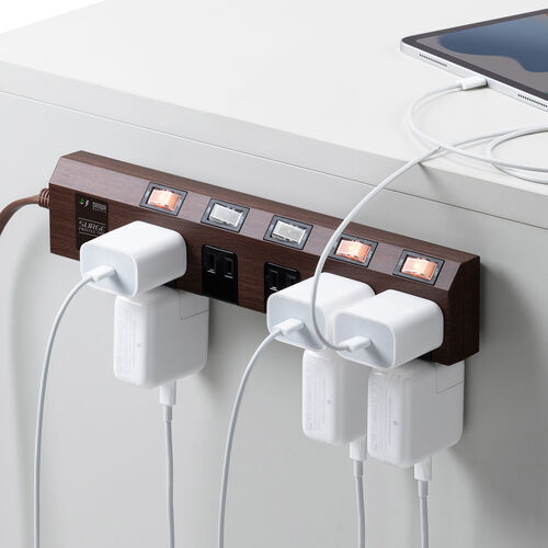 電源タップ（マグネット付・10個口・個別スイッチ・一括集中スイッチ付・3m・雷ガード・ダークブラウン木目）