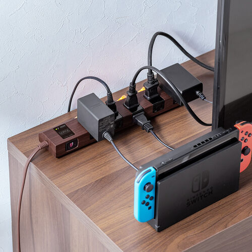 電源タップ（マグネット付・10個口・個別スイッチ・一括集中スイッチ付・3m・雷ガード・ダークブラウン木目）