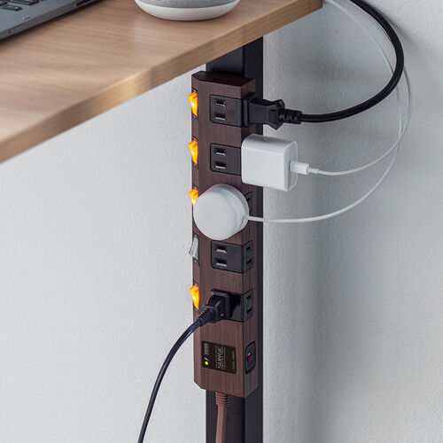 電源タップ（マグネット付・10個口・個別スイッチ・一括集中スイッチ付・3m・雷ガード・ダークブラウン木目）