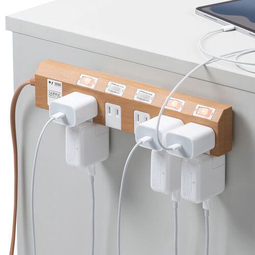 電源タップ（マグネット付・10個口・個別スイッチ・一括集中スイッチ付・3m・雷ガード・ライトブラウン木目）