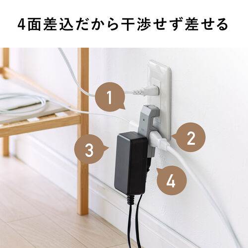 電源タップ（スリム＆コンパクト設計・4個口・2P・4方向差込口・雷ガード・スイングプラグ・モバイルタップ・旅行・ブラック）