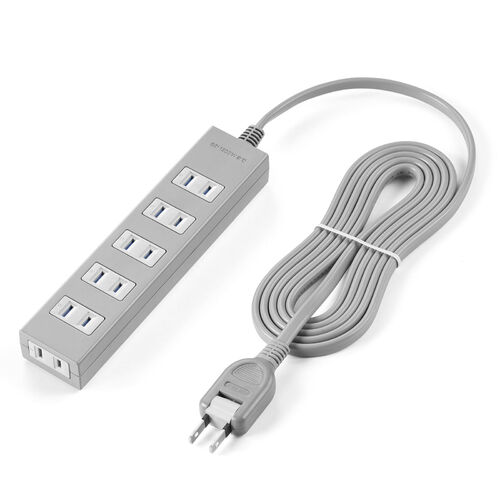 電源タップ（雷ガード内蔵・6個口・2P・2m・マグネット・シャッター・スイングプラグ・トラッキング予防・グレー）