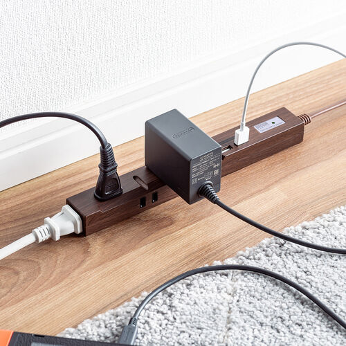 スリム電源タップ（USB充電ポート付き・雷ガード内蔵・5個口・3P対応・2m・ACアダプタ対応・マグネット・ダークブラウン）