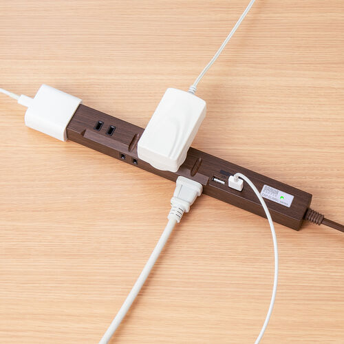 スリム電源タップ（USB充電ポート付き・雷ガード内蔵・5個口・3P対応・2m・ACアダプタ対応・マグネット・ダークブラウン）