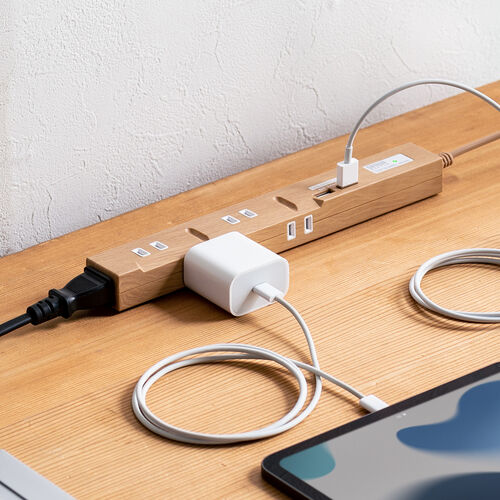 スリム電源タップ（USB充電ポート付き・雷ガード内蔵・5個口・3P対応・2m・ACアダプタ対応・マグネット・ライトブラウン）