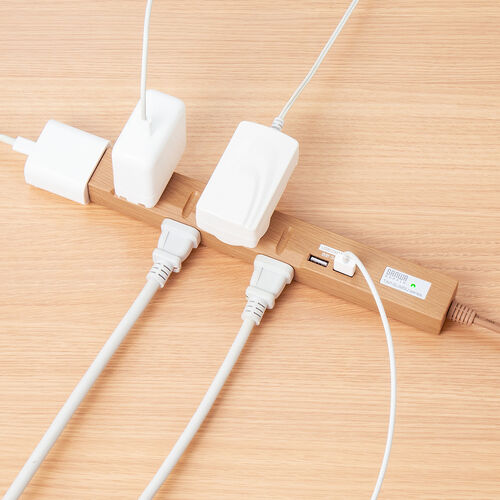 スリム電源タップ（USB充電ポート付き・雷ガード内蔵・5個口・3P対応・2m・ACアダプタ対応・マグネット・ライトブラウン）