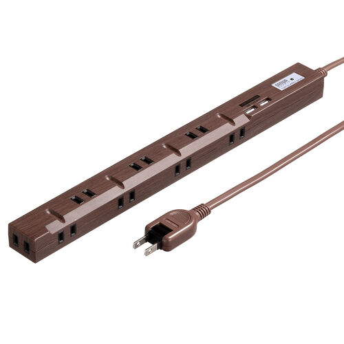 スリム電源タップ（USB充電ポート付き・雷ガード内蔵・8個口・3P対応・2m・ACアダプタ対応・マグネット・ダークブラウン）