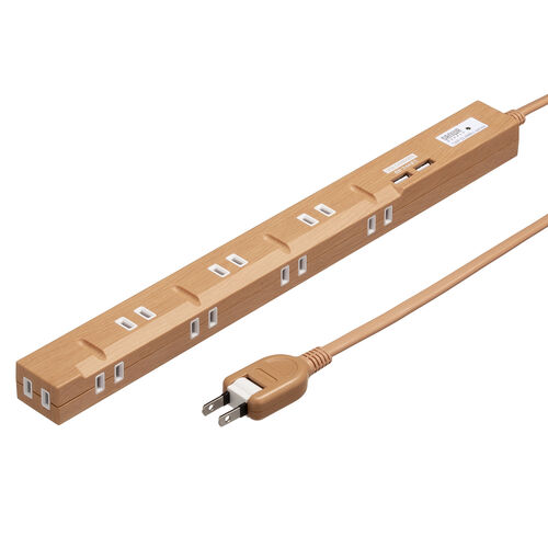 スリム電源タップ（USB充電ポート付き・雷ガード内蔵・8個口・3P対応・2m・ACアダプタ対応・マグネット・ライトブラウン）