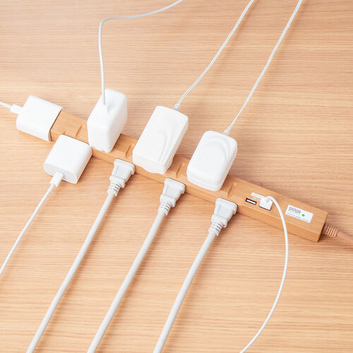 スリム電源タップ（USB充電ポート付き・雷ガード内蔵・8個口・3P対応・2m・ACアダプタ対応・マグネット・ライトブラウン）