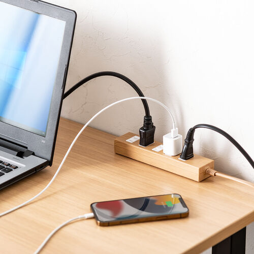 電源タップ（雷ガード内蔵・6個口・2P・2m・マグネット・シャッター・スイングプラグ・トラッキング予防・ライトブラウン）