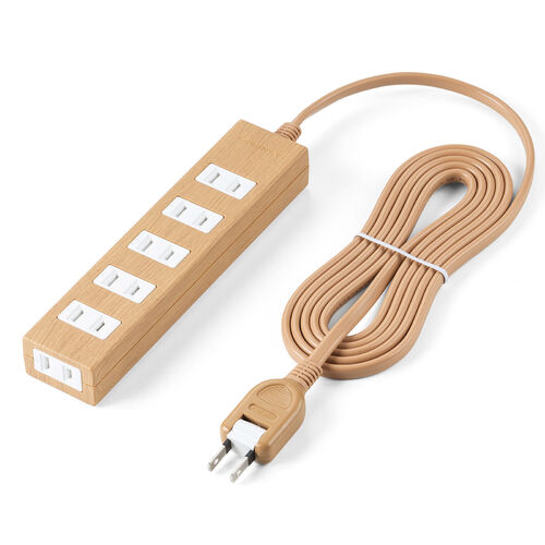 電源タップ（雷ガード内蔵・6個口・2P・2m・マグネット・シャッター・スイングプラグ・トラッキング予防・ライトブラウン）