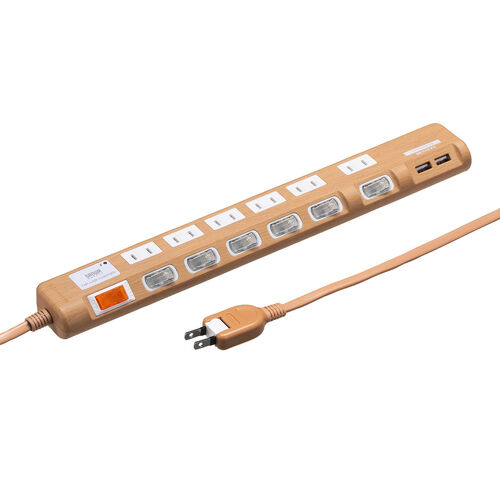 USB充電ポート付き電源タップ（6個口・USB 2ポート・2m・雷ガード対応・ほこりシャッター・個別スイッチ・一括スイッチ・ライトブラウン木目調）