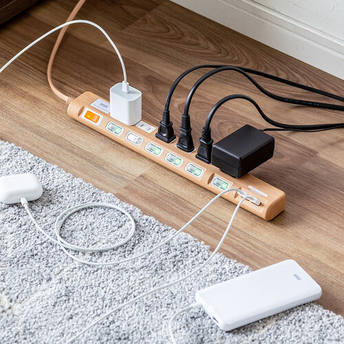 USB充電ポート付き電源タップ（6個口・USB 2ポート・2m・雷ガード対応・ほこりシャッター・個別スイッチ・一括スイッチ・ライトブラウン木目調）