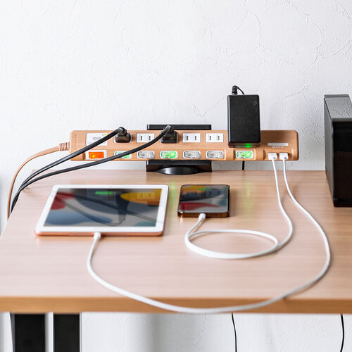 USB充電ポート付き電源タップ（6個口・USB 2ポート・2m・雷ガード対応・ほこりシャッター・個別スイッチ・一括スイッチ・ライトブラウン木目調）