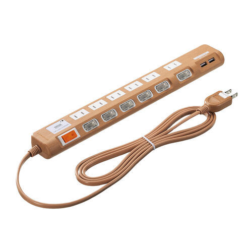 USB充電ポート付き電源タップ（6個口・USB 2ポート・2m・雷ガード対応・ほこりシャッター・個別スイッチ・一括スイッチ・ライトブラウン木目調）