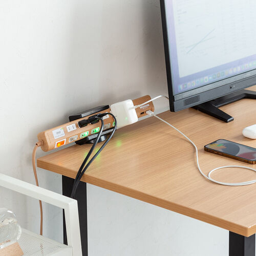 USB充電ポート付き電源タップ（6個口・USB 2ポート・2m・雷ガード対応・ほこりシャッター・個別スイッチ・一括スイッチ・ライトブラウン木目調）