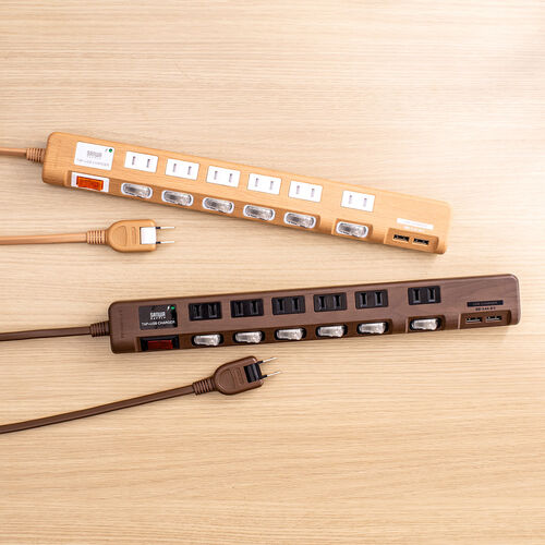 USB充電ポート付き電源タップ（6個口・USB 2ポート・2m・雷ガード対応・ほこりシャッター・個別スイッチ・一括スイッチ・ライトブラウン木目調）