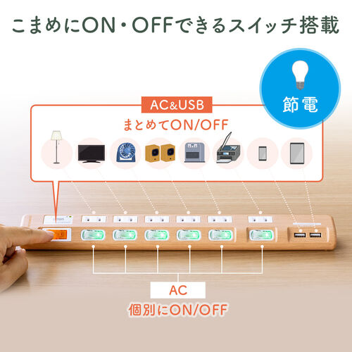 USB充電ポート付き電源タップ（6個口・USB 2ポート・2m・雷ガード対応・ほこりシャッター・個別スイッチ・一括スイッチ・ライトブラウン木目調）