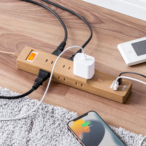 USB充電ポート付き電源タップ（2P・9個口・USB 2ポート・一括集中スイッチ付・雷ガード・2m・ライトブラウン木目）