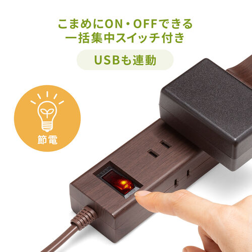 USB充電ポート付き電源タップ（2P・9個口・USB 2ポート・一括集中スイッチ付・雷ガード・2m・ライトブラウン木目）