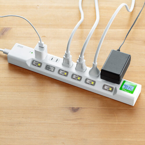 電源タップ（ワットメーター付・ワットモニター・ワットチェッカー・消費電力計・節電・個別スイッチ・雷ガード・2P・6個口・1.5m）