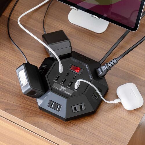 電源タップ（USB充電付・クランプ固定・8個口・八角形・Type-C対応・ケーブル3m・ブラック）