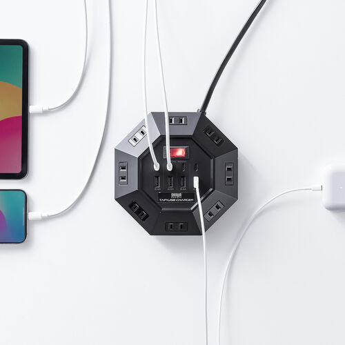 電源タップ（USB充電付・クランプ固定・8個口・八角形・Type-C対応・ケーブル3m・ブラック）