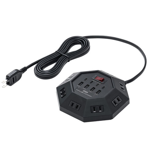 電源タップ（USB充電付・クランプ固定・8個口・八角形・Type-C対応・ケーブル3m・ブラック）