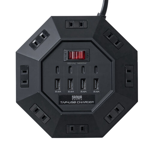 電源タップ（USB充電付・クランプ固定・8個口・八角形・Type-C対応・ケーブル3m・ブラック）