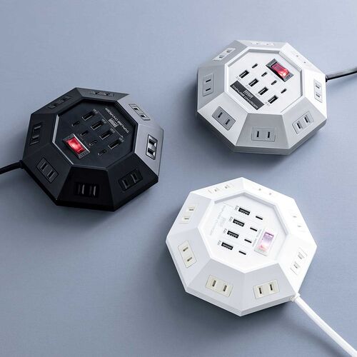 電源タップ（USB充電付・クランプ固定・8個口・八角形・Type-C対応・ケーブル3m・ブラック）