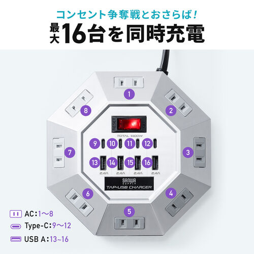 電源タップ（USB充電付・クランプ固定・8個口・八角形・Type-C対応・ケーブル3m・ブラック）
