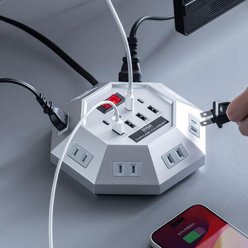 電源タップ（USB充電付・クランプ固定・8個口・八角形・Type-C対応・ケーブル3m・シルバー）
