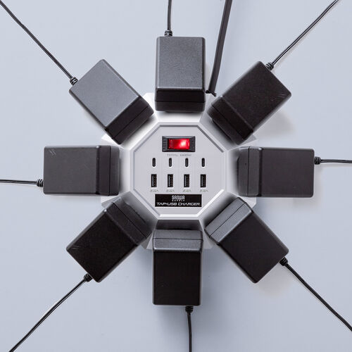 電源タップ（USB充電付・クランプ固定・8個口・八角形・Type-C対応・ケーブル3m・シルバー）