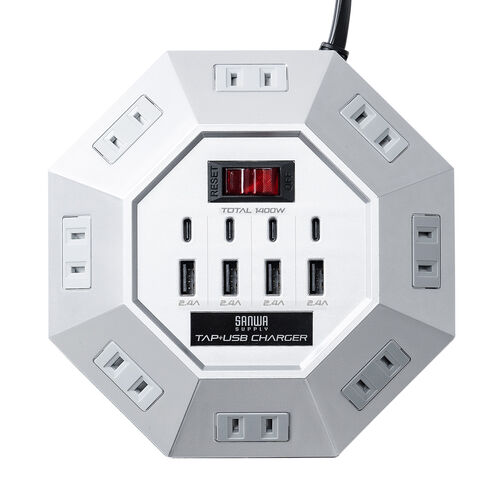電源タップ（USB充電付・クランプ固定・8個口・八角形・Type-C対応・ケーブル3m・シルバー）