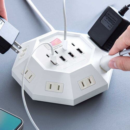 電源タップ（USB充電付・クランプ固定・8個口・八角形・Type-C対応・ケーブル3m・ホワイト）