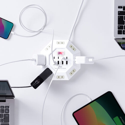 電源タップ（USB充電付・クランプ固定・8個口・八角形・Type-C対応・ケーブル3m・ホワイト）