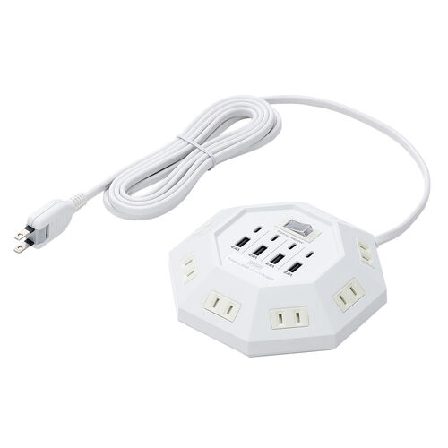 電源タップ（USB充電付・クランプ固定・8個口・八角形・Type-C対応・ケーブル3m・ホワイト）