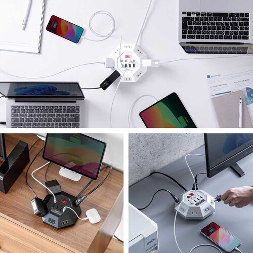 電源タップ（USB充電付・クランプ固定・8個口・八角形・Type-C対応・ケーブル3m・ホワイト）